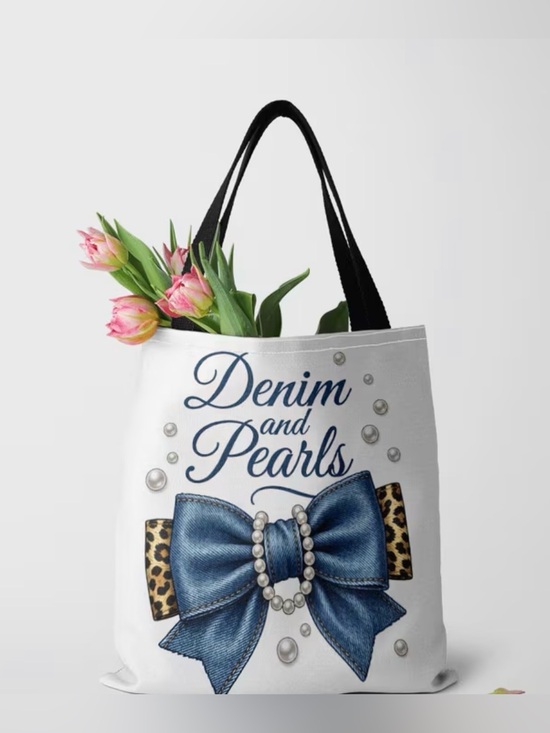 Handbags - Denim and Pearls Tote Bag 15” x 14”